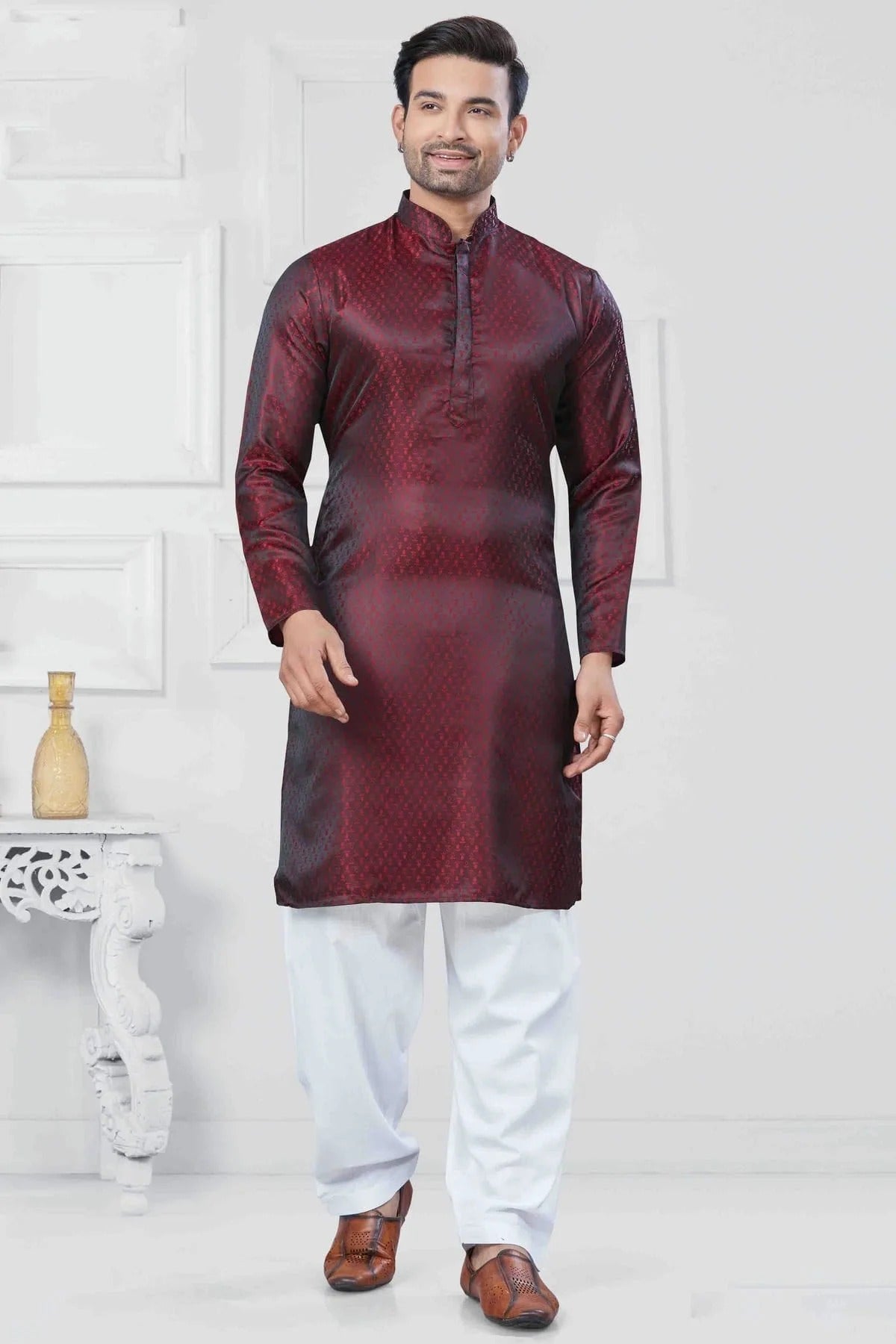 Maroon Woven Jacquard Silk Kurta Pajama NCKP11110530