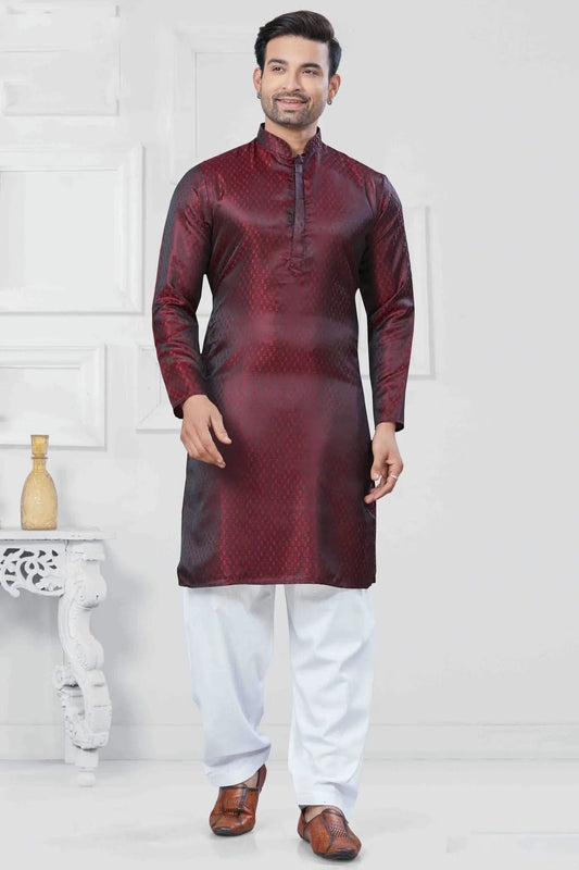 Maroon Woven Jacquard Silk Kurta Pajama NCKP11110530