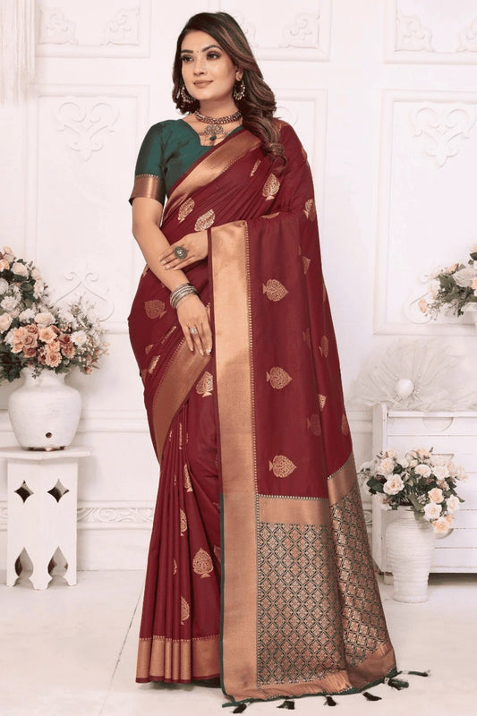 Maroon Woven Lichi Soft Silk Traditional Saree NCSD12510120