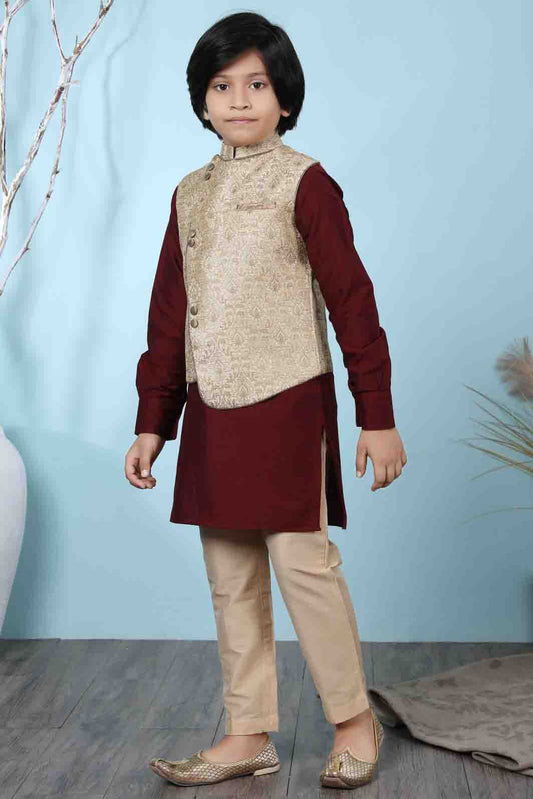 Maroon and Beige Cotton Silk Kurta PajamaWith Jacket  NCBW10710700