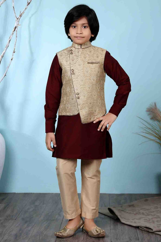 Maroon and Beige Cotton Silk Kurta PajamaWith Jacket NCBW10710700