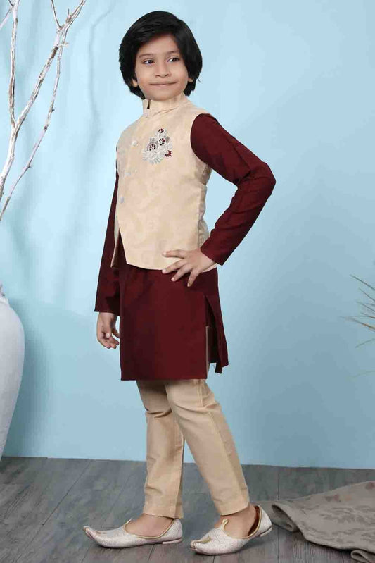 Maroon and Beige Cotton Silk Kurta PajamaWith Jacket  NCBW10710705