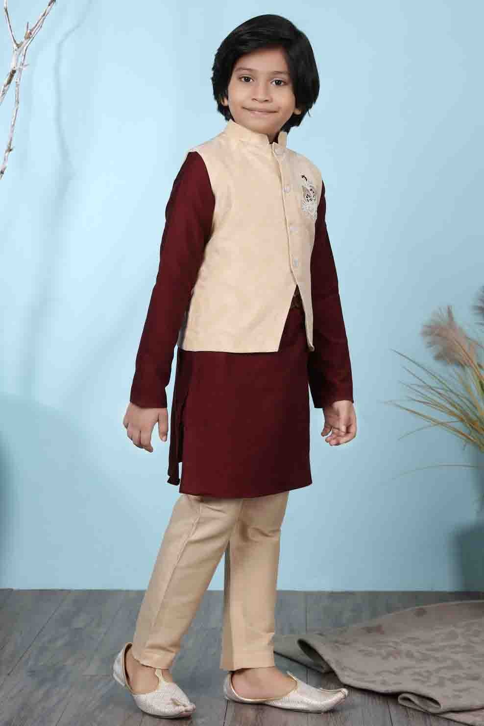 Maroon and Beige Cotton Silk Kurta PajamaWith Jacket  NCBW10710705
