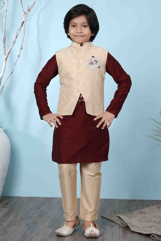 Maroon and Beige Cotton Silk Kurta PajamaWith Jacket NCBW10710705