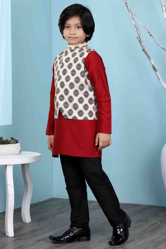 Maroon and Beige Cotton Silk Kurta PajamaWith Jacket  NCBW10710715