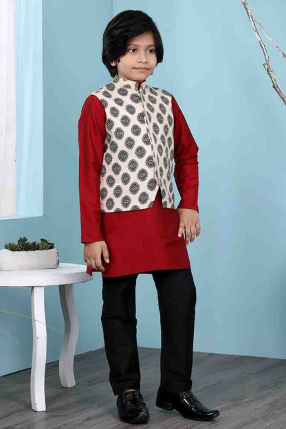 Maroon and Beige Cotton Silk Kurta PajamaWith Jacket  NCBW10710715