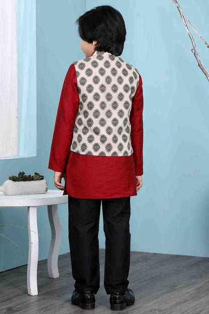 Maroon and Beige Cotton Silk Kurta PajamaWith Jacket  NCBW10710715
