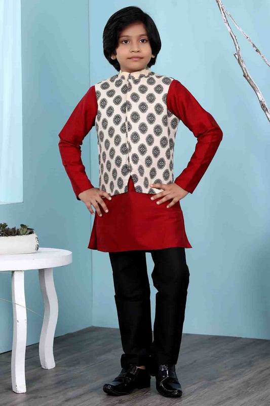 Maroon and Beige Cotton Silk Kurta PajamaWith Jacket NCBW10710715