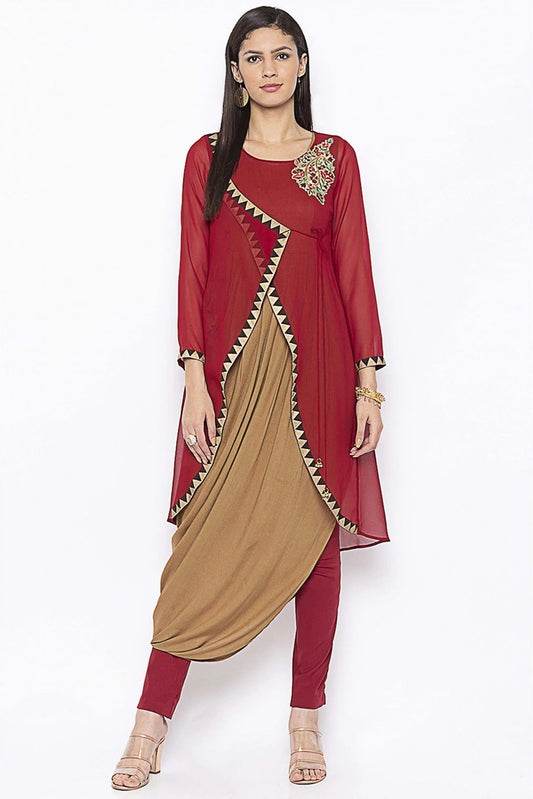 Maroon and Beige Plus Size Georgette Embroidery Kurta Set NCKR10710473