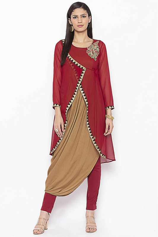 Maroon and Beige Plus Size Georgette Embroidery Kurti NCKR10710448