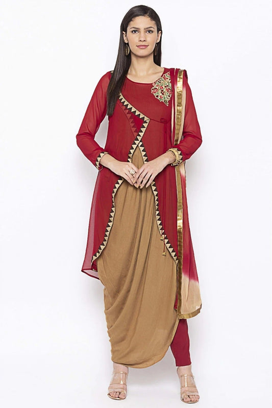 Maroon and Beige Plus Size Georgette Embroidery Pant Style Suit NCSS10710666