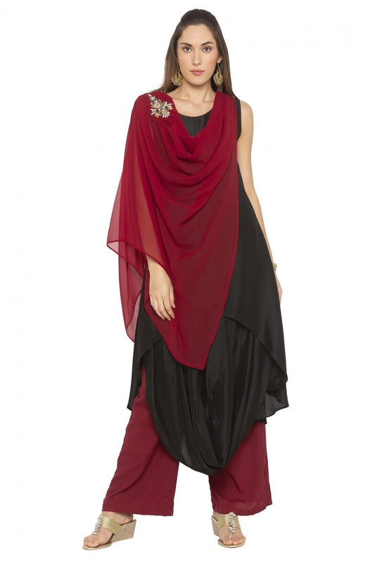 Maroon and Black Plus Size Muslin Embroidery Kurti NCKR10710142
