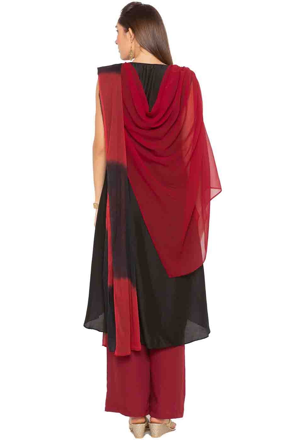 Maroon and Black Plus Size Muslin Embroidery Palazzo Pant Suit NCSS10710556