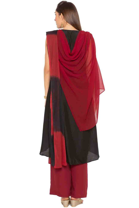 Maroon and Black Plus Size Muslin Embroidery Palazzo Pant Suit NCSS10710556