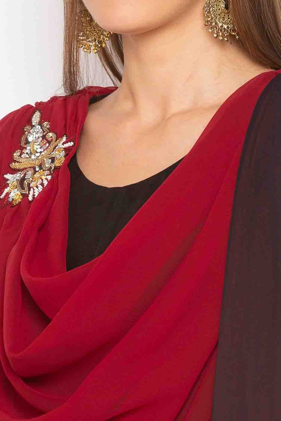Maroon and Black Plus Size Muslin Embroidery Palazzo Pant Suit NCSS10710556