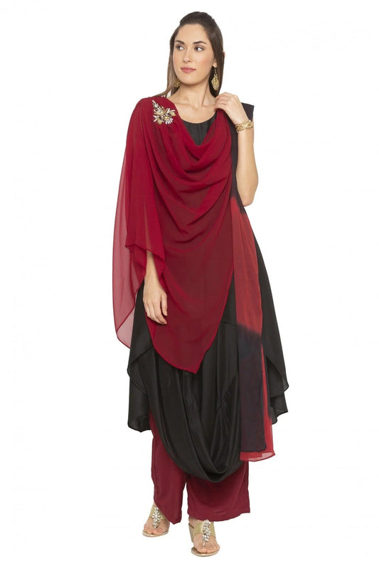 Maroon and Black Plus Size Muslin Embroidery Palazzo Pant Suit NCSS10710556