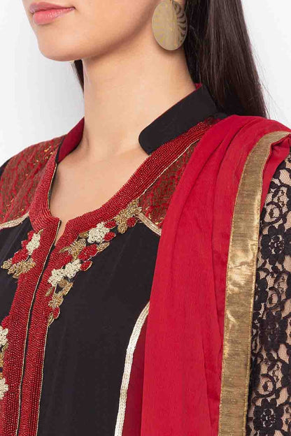 Maroon and Black Plus Size Stitched Georgette Embroidery Anarkali Suit NCSS10710527