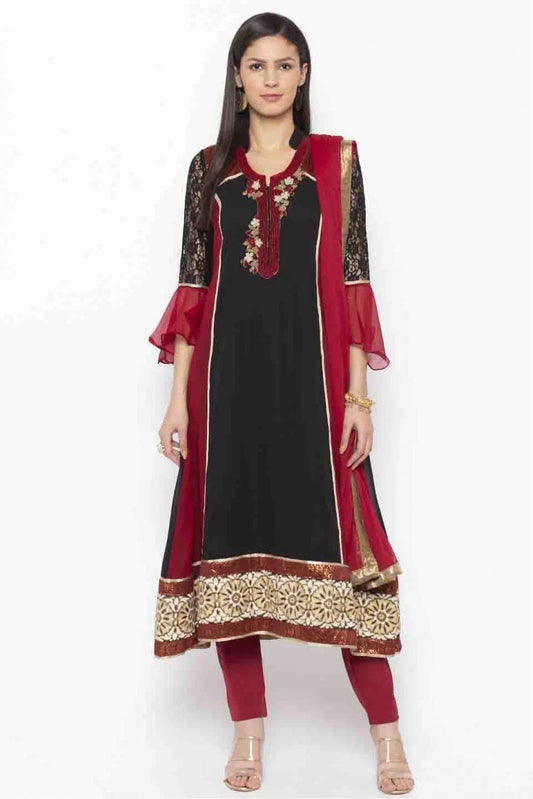 Maroon and Black Plus Size Stitched Georgette Embroidery Anarkali Suit NCSS10710527