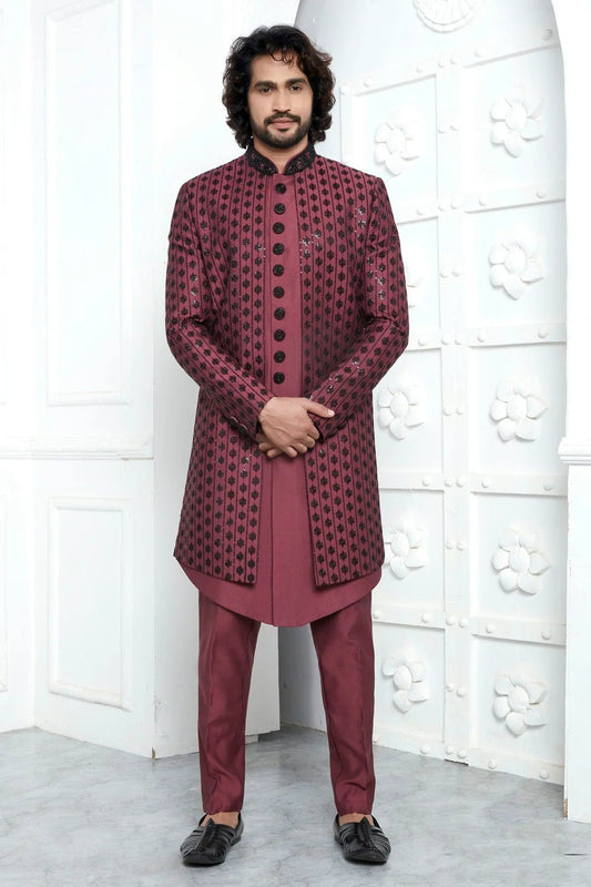 Mauve Art Silk Indowestern Sherwan With Aligadhi Pant  NCSH12310357