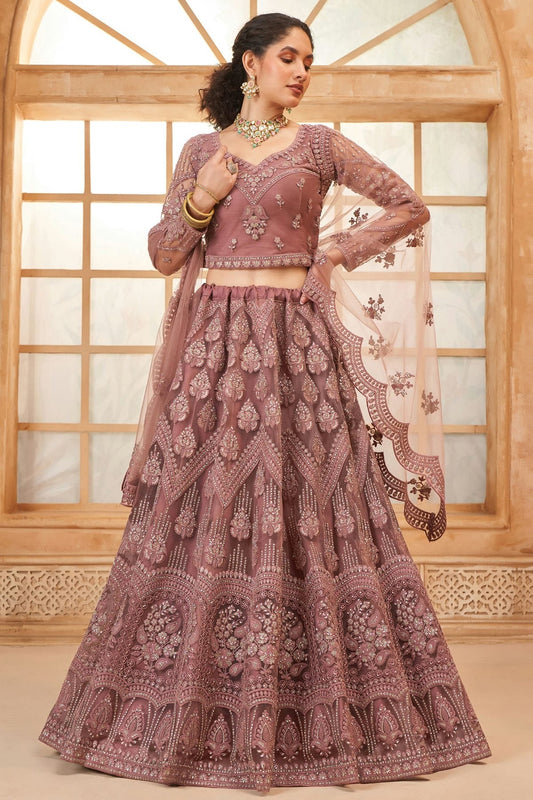Mauve Embroidery Net and SilK Lehenga Choli NCLC12910123