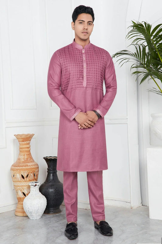 Mauve Linen Cotton Pintex Kurta Pajama NCKP12310245