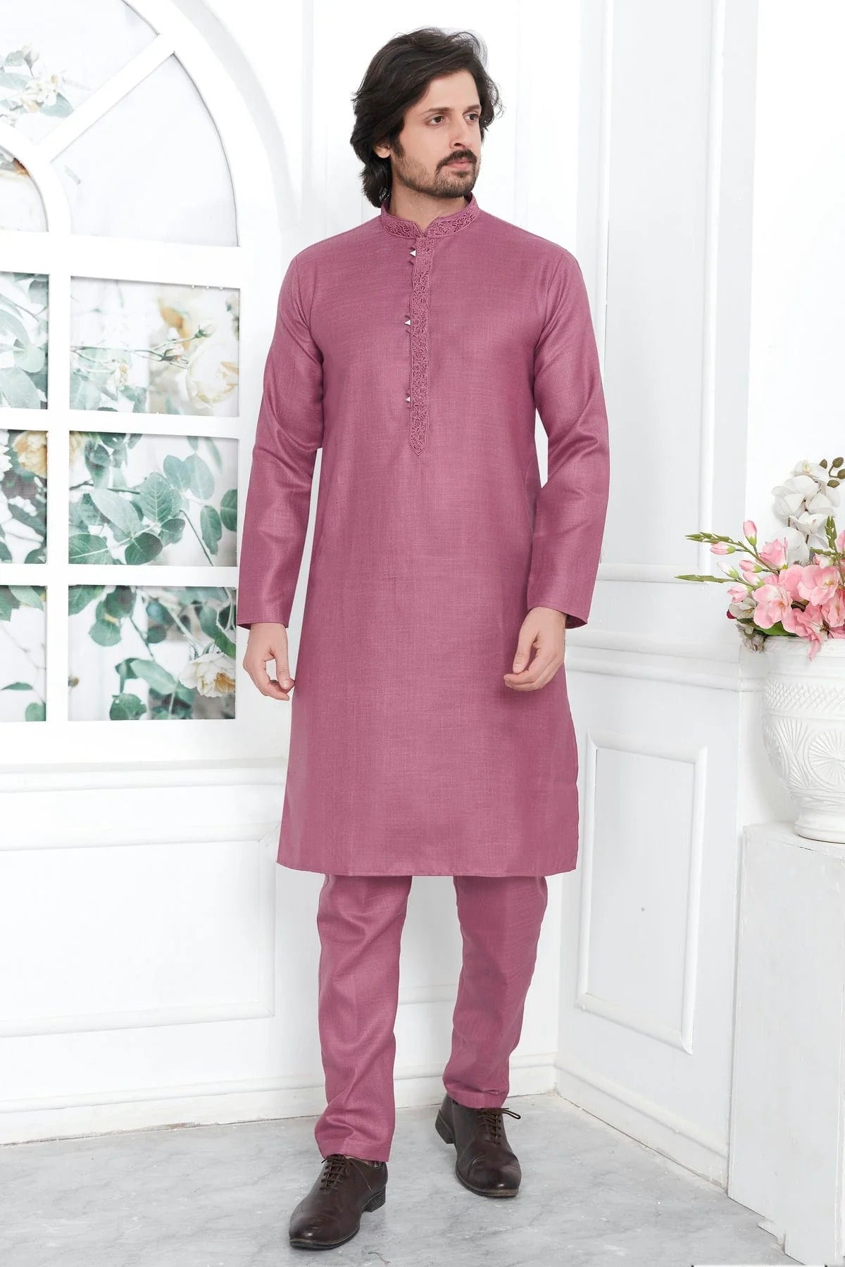 Mauve Linen Cotton Thread Kurta Pajama NCKP12310238