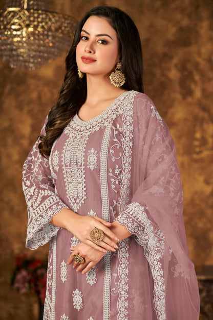 Mauve Plazoo Pant SuitNet Semi Stitched  NCSM10510232