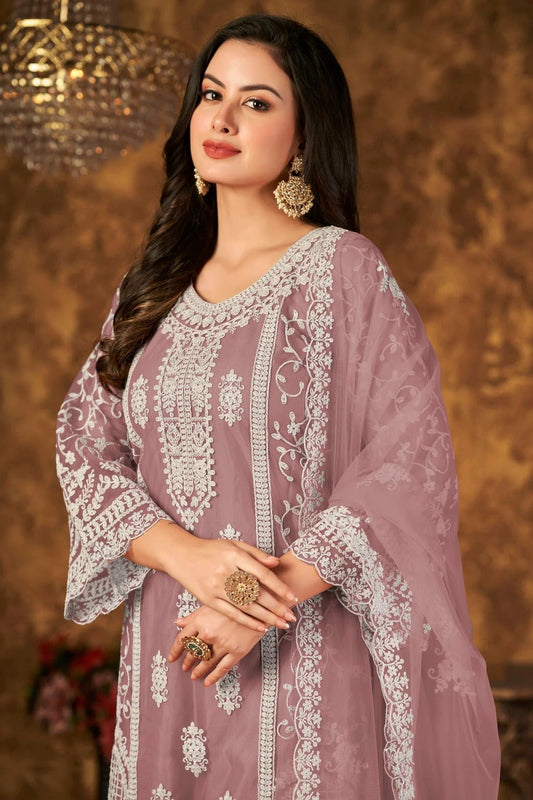Mauve Plazoo Pant SuitNet Semi Stitched  NCSM10510232