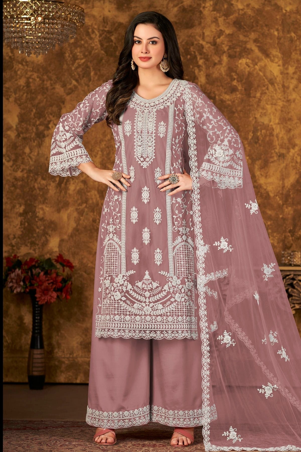 Mauve Plazoo Pant SuitNet Semi Stitched NCSM10510232