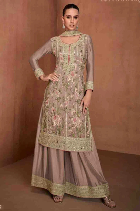 Mauve Semi Stitched Chinon Palazzo Pant Suit NCSM11410347