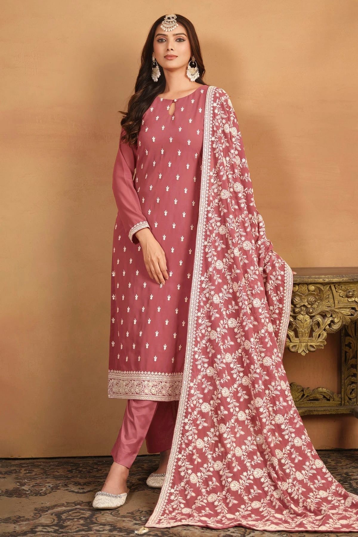 Mauve Straight SuitFaux Georgette Semi Stitched NCSM10510258