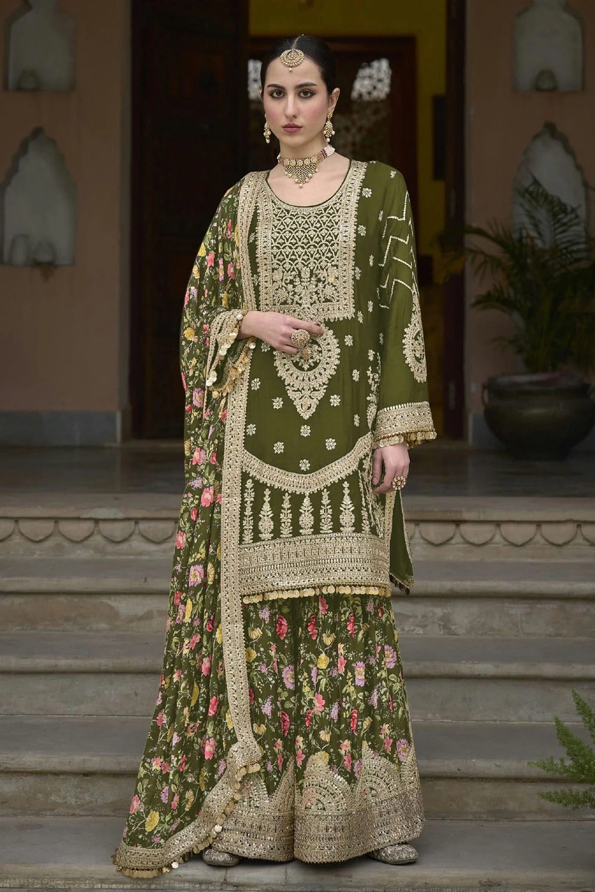 Mehendi Green Chinon Palazzo Pant Suit NCSM11410540