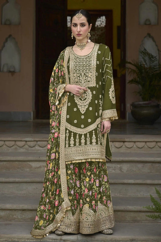 Mehendi Green Chinon Palazzo Pant Suit NCSM11410540