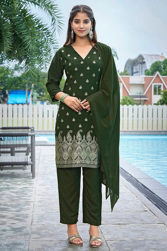 Mehendi Green Crepe Stitched Suit NCSS11111394