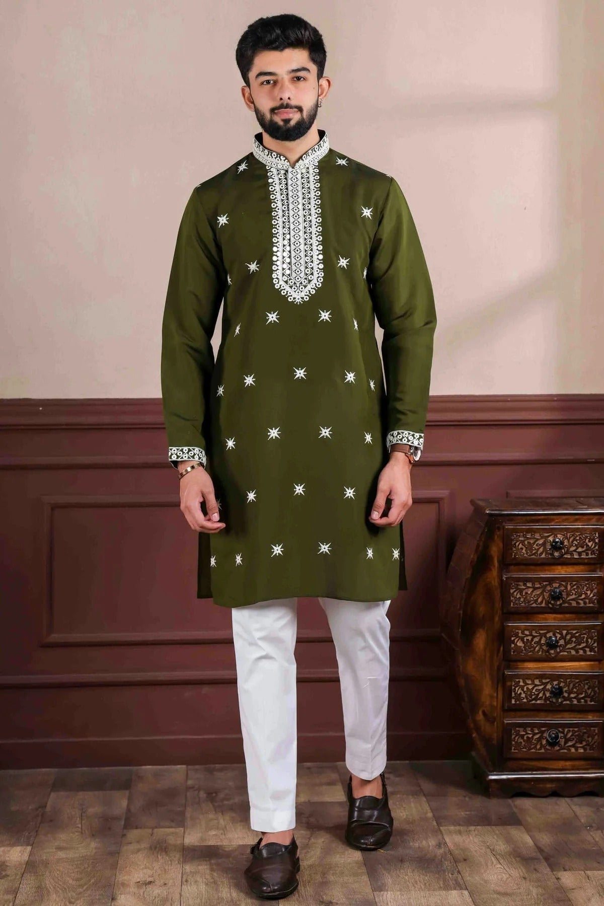 Mehendi Green Embroidery Viscose Kurta Pajama NCKP11110570