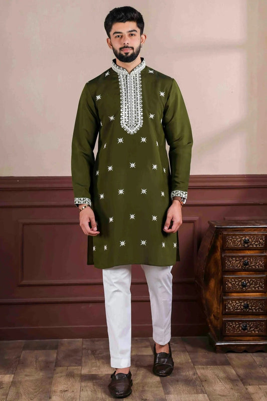 Mehendi Green Embroidery Viscose Kurta Pajama NCKP11110570