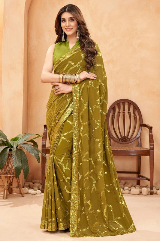 Mehendi Green Faux Georgette Designer Saree NCSD11112225