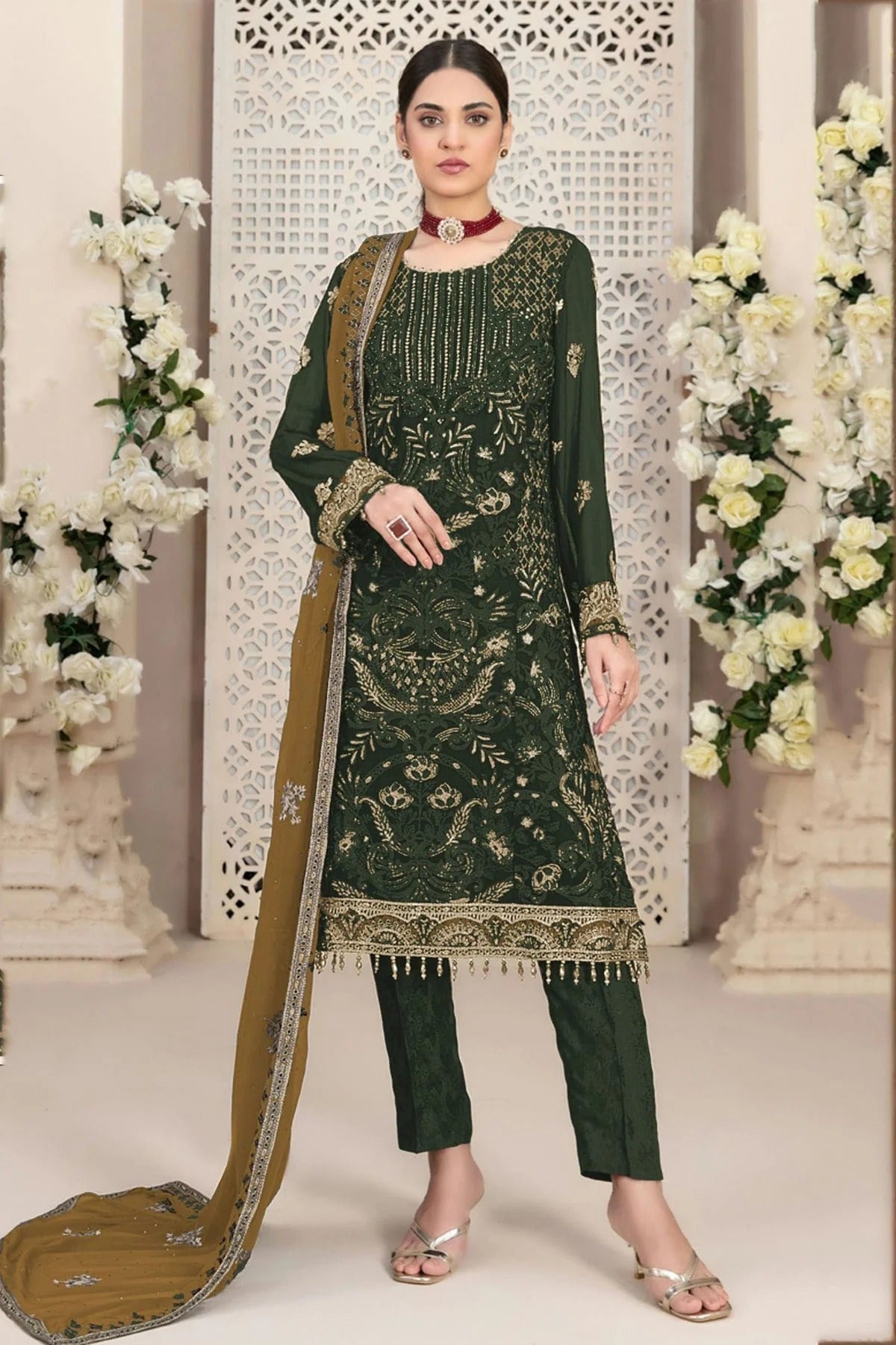 Mehendi Green Faux Georgette Pakistani Suit NCSM11410563