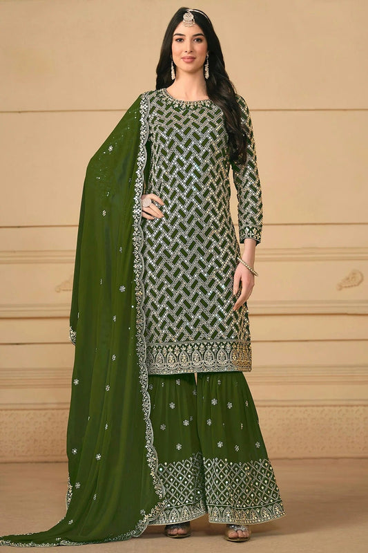 Mehendi Green Faux Georgette Sharara Suit NCSM11112403
