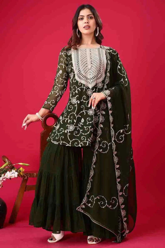 Mehendi Green Georgette Stitched Sharara Suit NCSS11410195