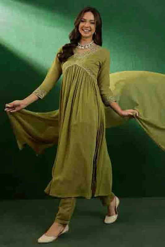 Mehendi Green Georgette Stitched Suit NCSS11110673