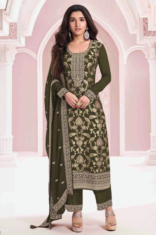 Mehendi Green Jacquard Viscose Pant Style Suit NCSM11410116