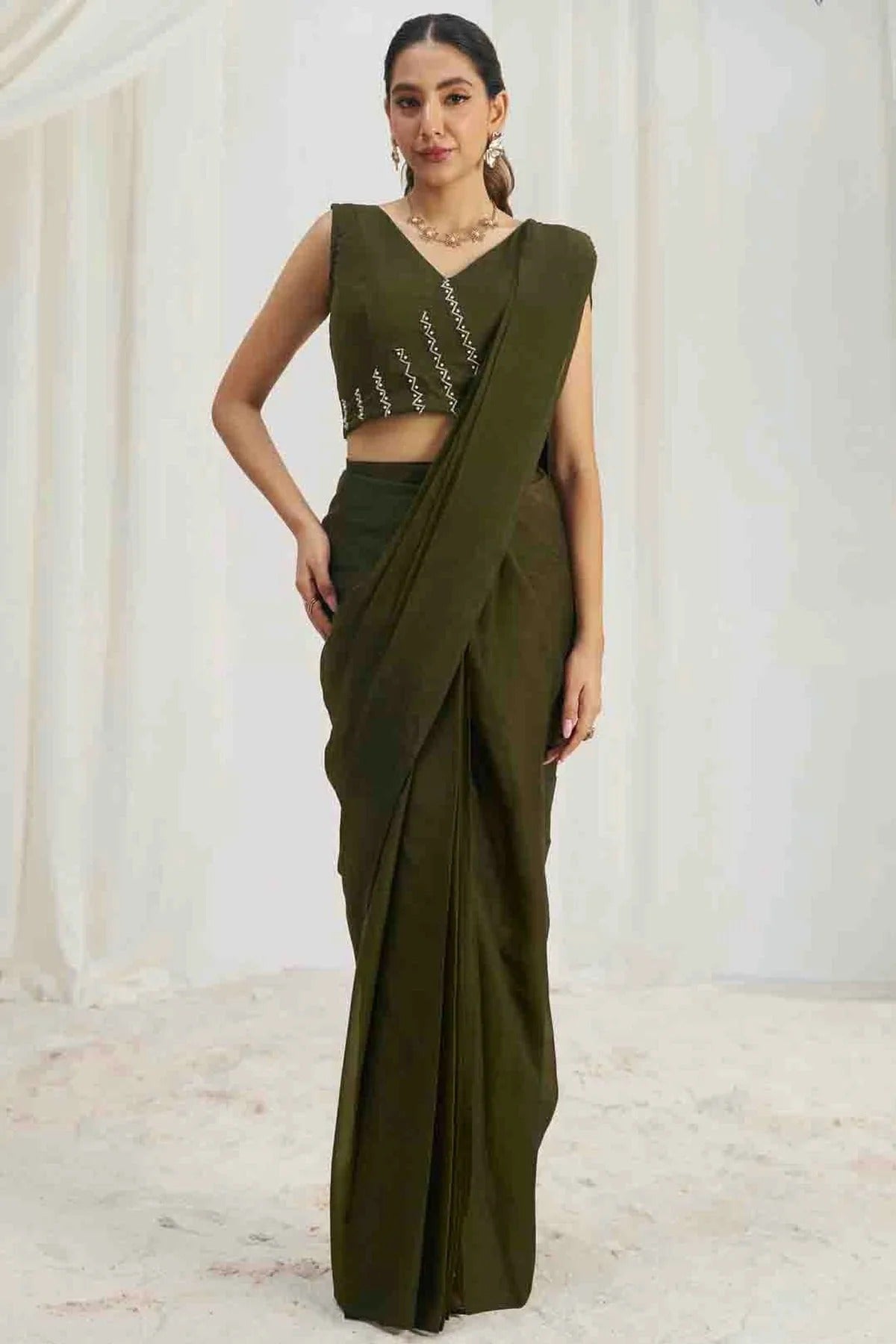 Mehendi Green Organza Hand Ready To Wear Saree NCSD10810099