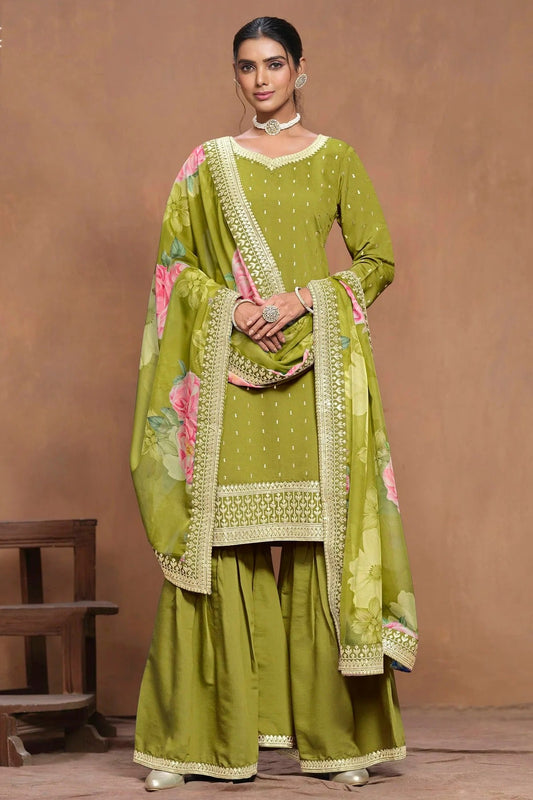 Mehendi Green Roman Silk Sharara Suit NCSM10510212