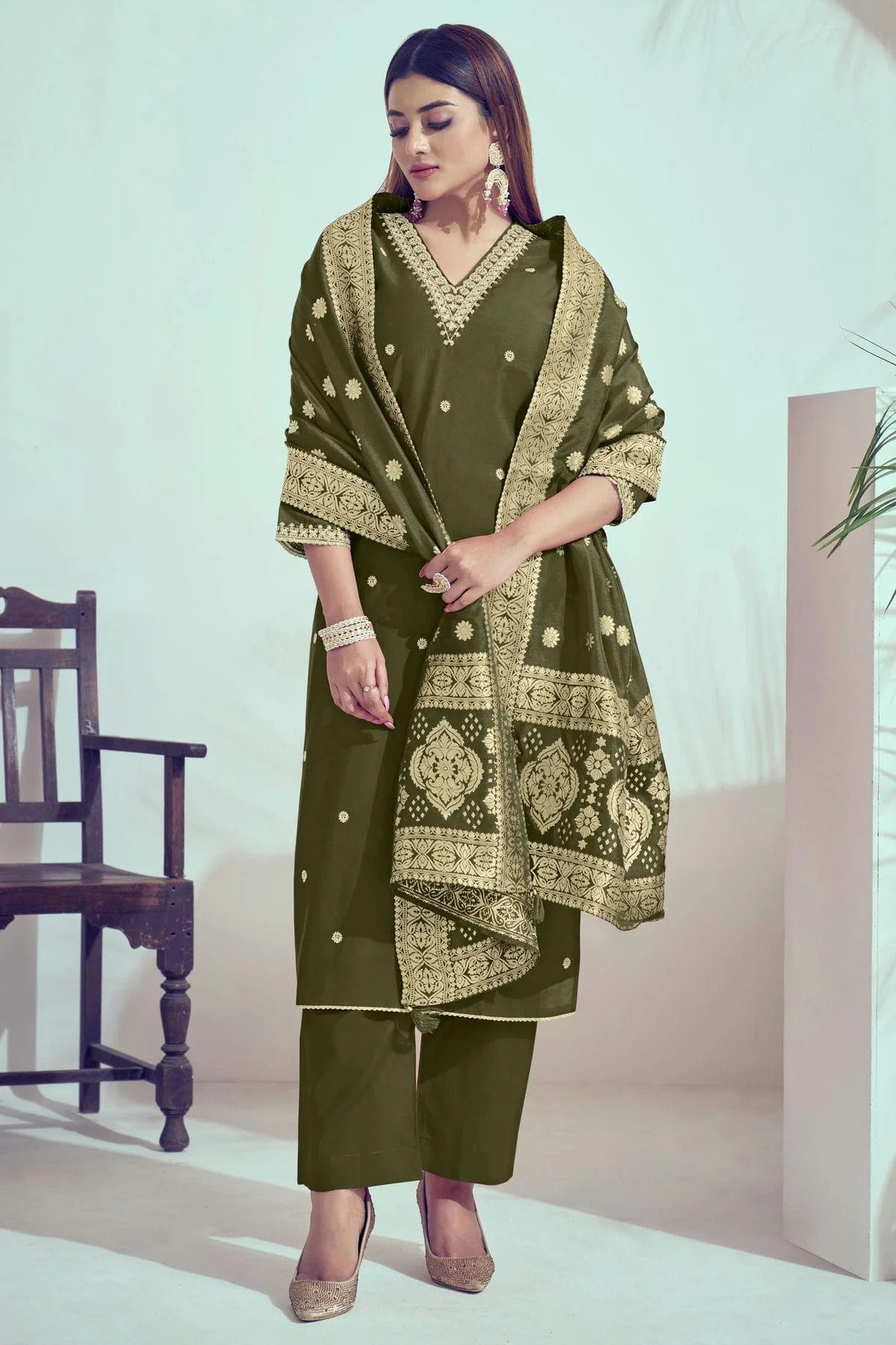 Mehendi Green Roman Silk Stitched Salwar Suit NCSS11111596