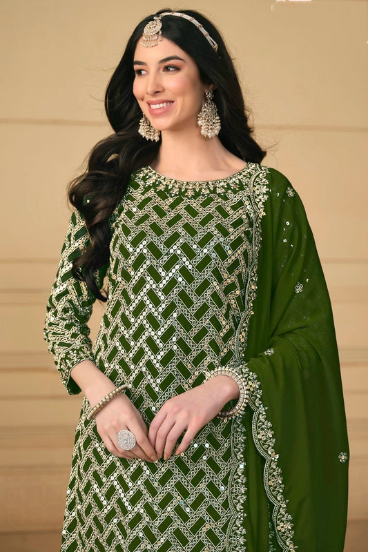 Mehendi Green Semi Stitched Faux Georgette Sharara Suit NCSM10510269