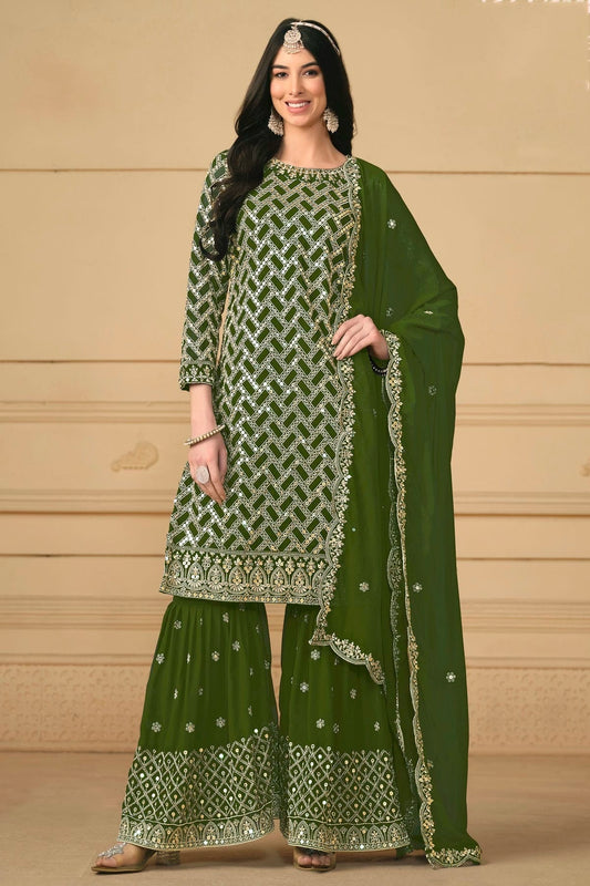 Mehendi Green Semi Stitched Faux Georgette Sharara Suit NCSM10510269