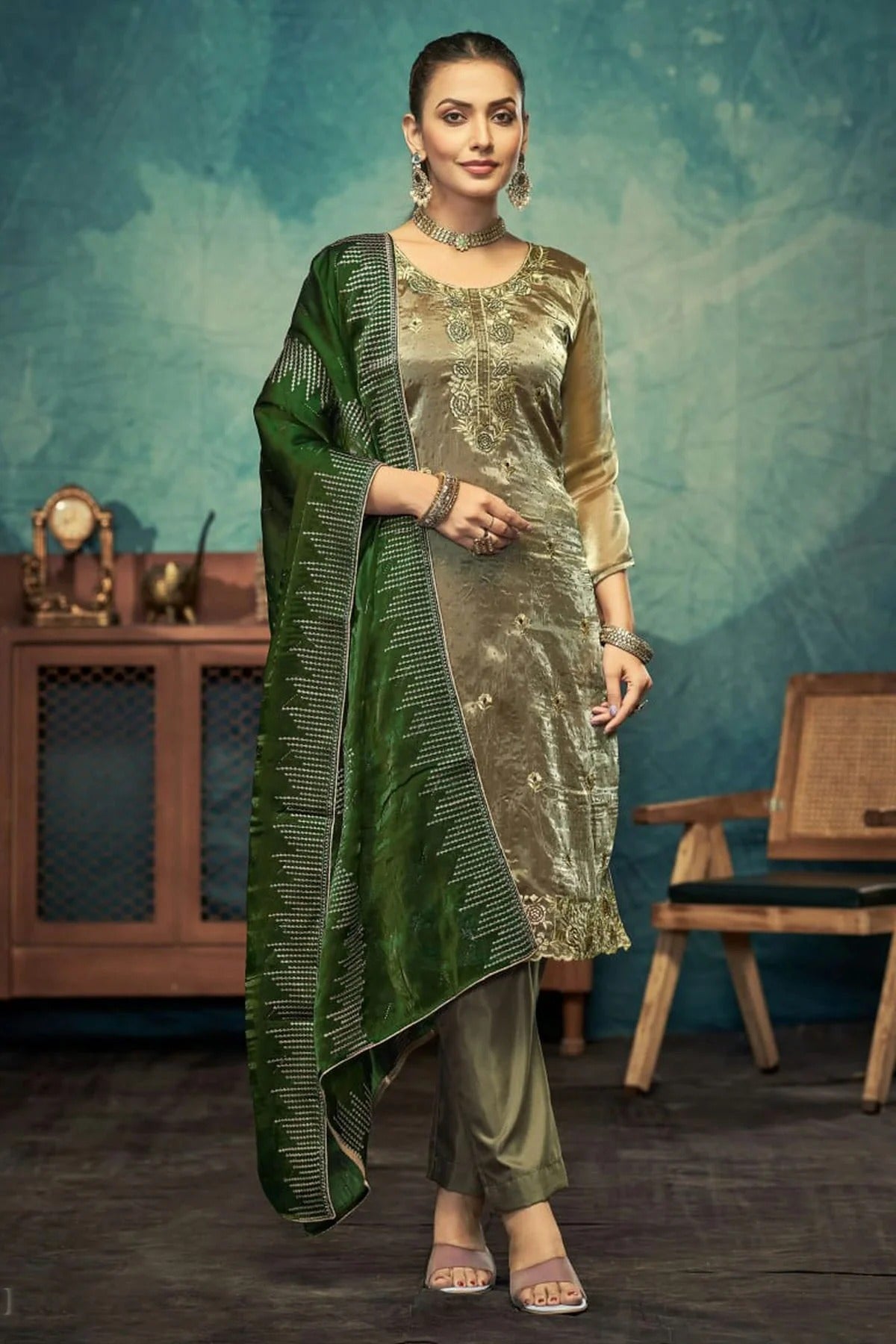 Mehendi Green Semi Stitched Jimmy Choo Pant Style Suit NCSM11410419
