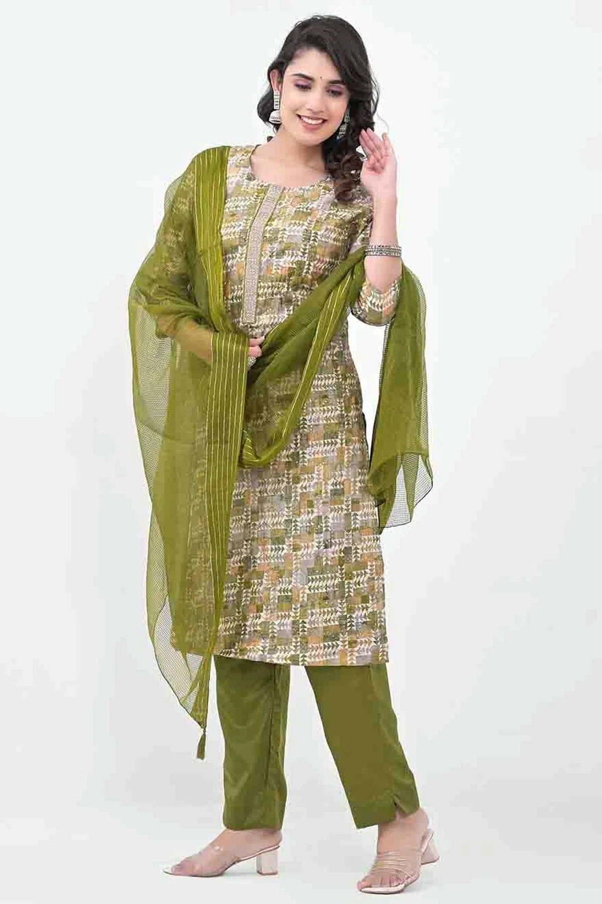 Mehendi Green Silk Stitched Pant Style Suit NCSS11410292