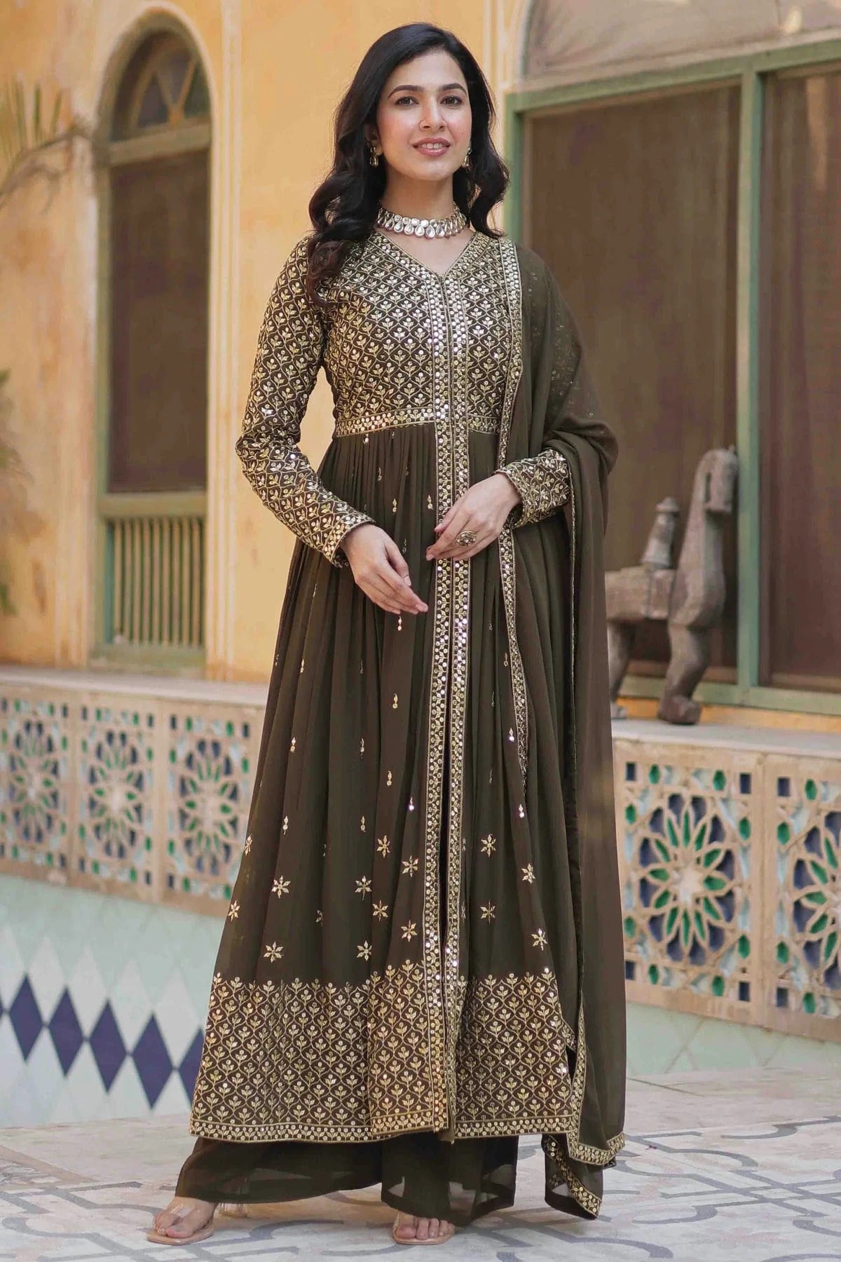 Mehendi Green Stitched Faux Georgette Gown NCGW11111004